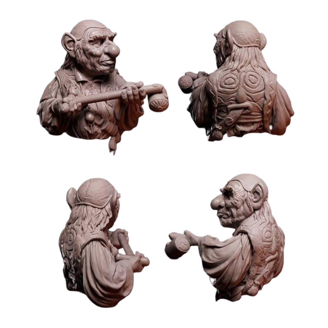 Four detailed views of a Hoggle collectible model, featuring its distinct face, textured clothing, and hands holding a staff-like item