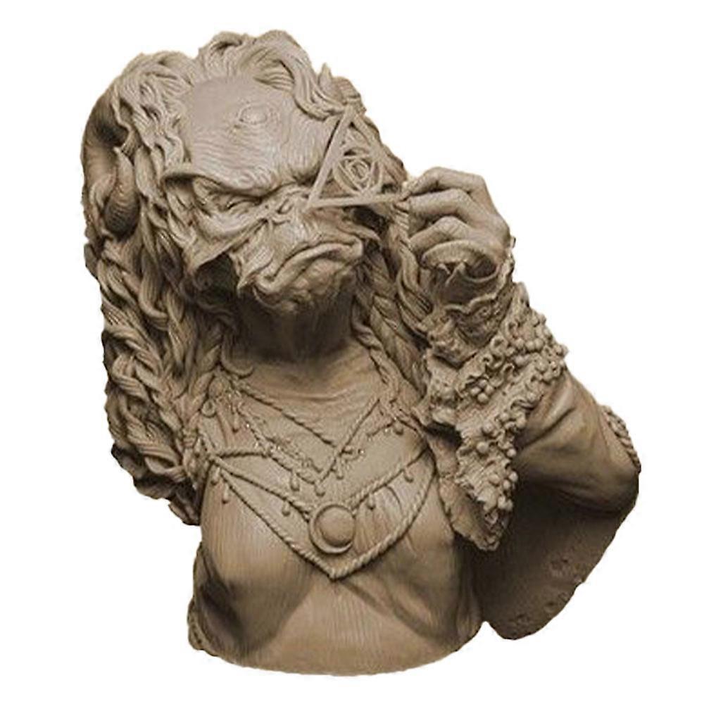 A highly detailed collectible model of Jim Henson&#39;s Mother Aughra, featuring her horned head, braided hair, ornate clothing, and holding a triangular artifact to her face