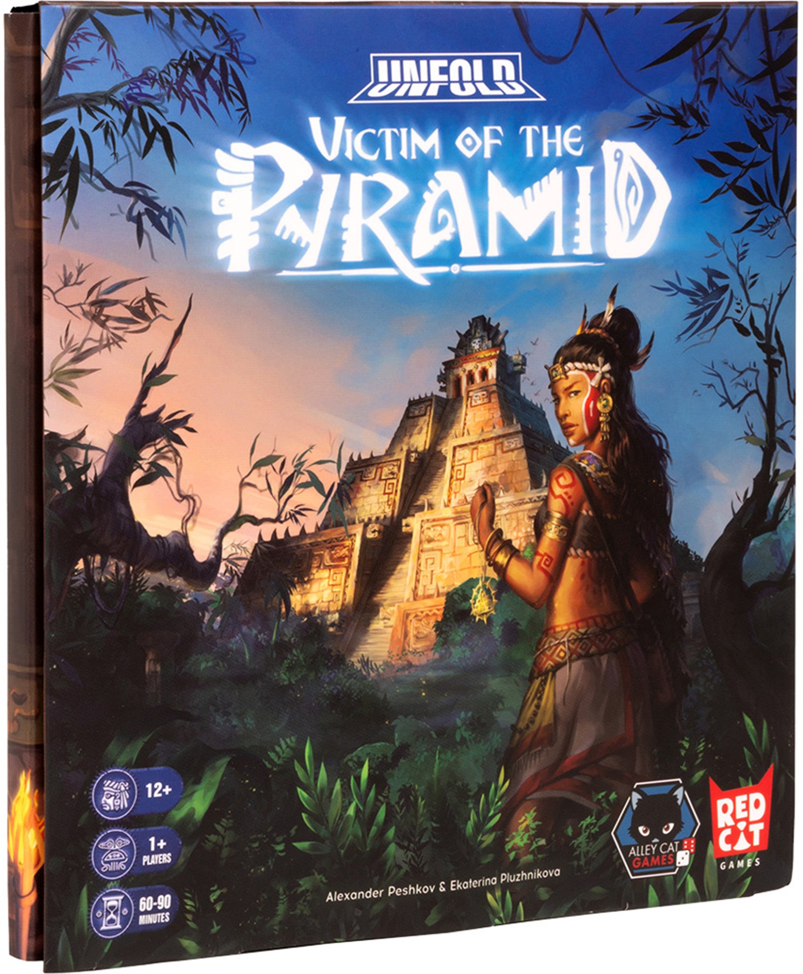 Front cover of Unfold: Victim of the Pyramid game envelope featuring ancient pyramid artwork and mysterious hieroglyphic-style design