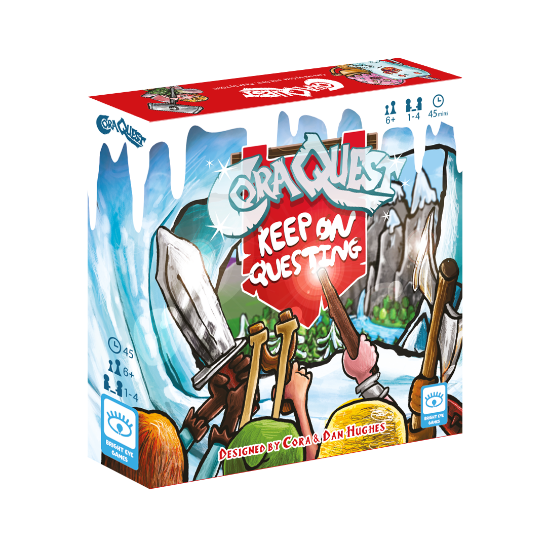 Angled Cora Quest Keep On Questing board game box displaying icy landscape art with adventurers' hands holding a sword, staff, and axe, noted for 1-4 players aged 6+ and 45 minutes