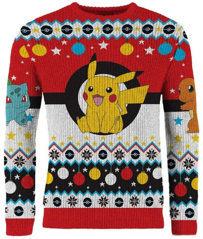 The knitted red and white Pokemon Christmas Jumper displays Pikachu inside a Poké Ball design, accompanied by Bulbasaur and Charmander amid stars and festive ornaments