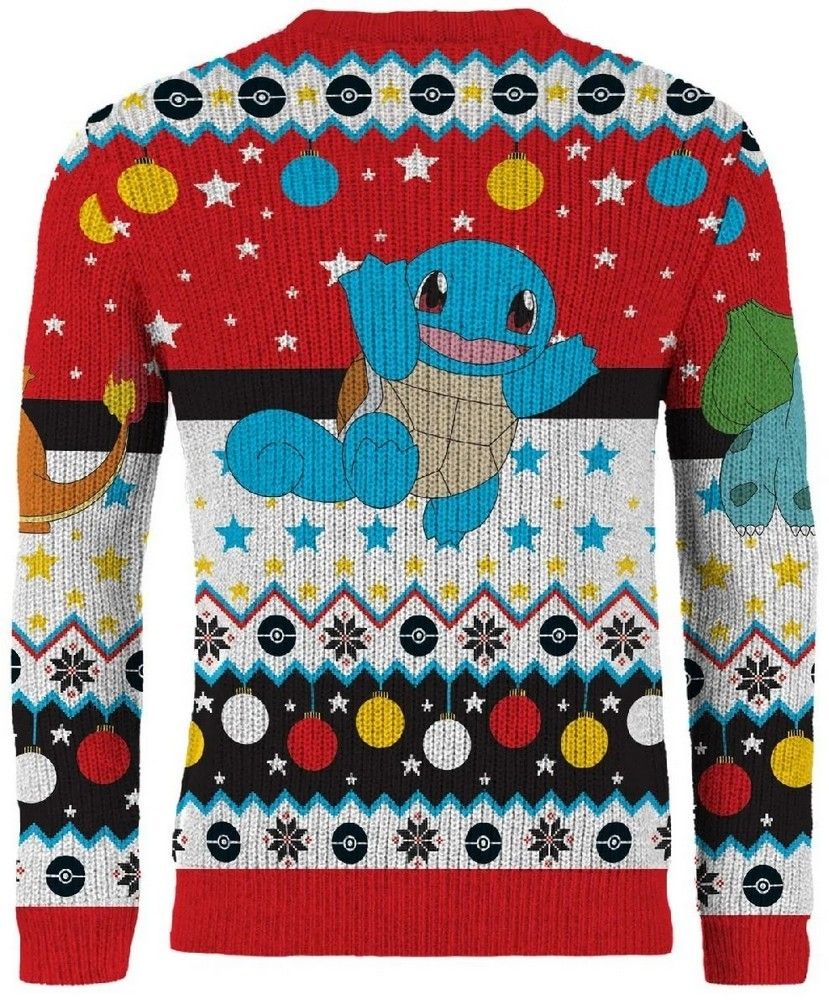 Festive red and white Pokemon Christmas Jumper featuring a happy Squirtle prominently displayed with Bulbasaur Charmander Pokeballs snowflakes and holiday ornaments