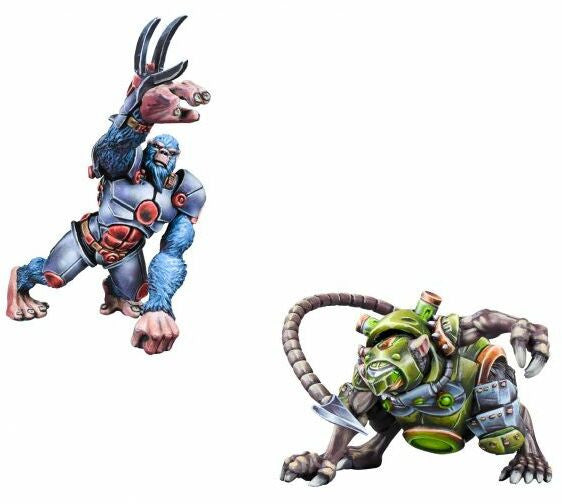 Overdrive Rival Pack - Gnaw vs Alpha Simian miniatures Alpha Simian on the left in metallic blue and silver armor Gnaw on the right in green armor and flexible tail