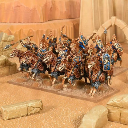 Kings of War Empire of Dust Revenant Cavalry Regiment miniatures, bronze skeletons on skeletal mounts in desert ruin base
