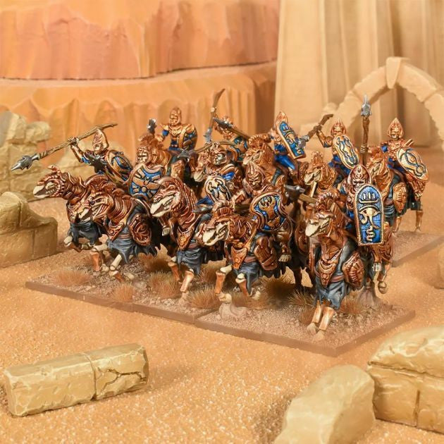 Kings of War Empire of Dust Revenant Cavalry Regiment miniatures, bronze skeletons on skeletal mounts in desert ruin base