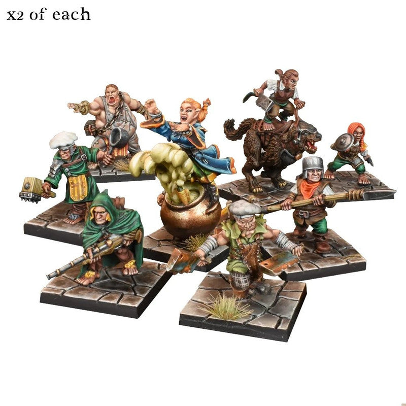 A diverse set of 8 painted fantasy miniatures including a chef, burly warrior, elf on a cauldron, wolf rider, rifleman, and two different spearmen