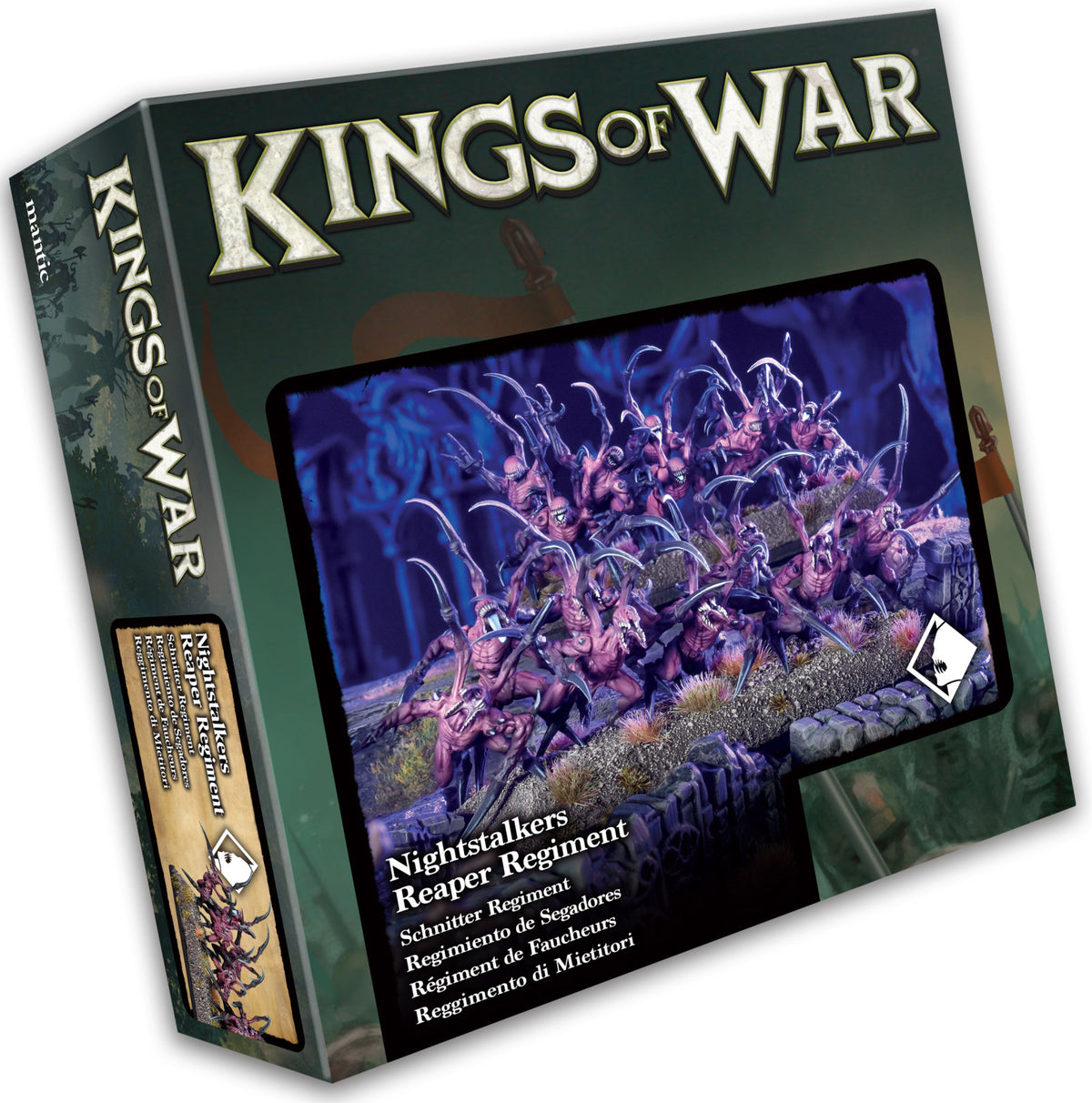 Kings of War Reaper Regiment miniatures box showing armored warriors wielding scythes and swords in battle formation