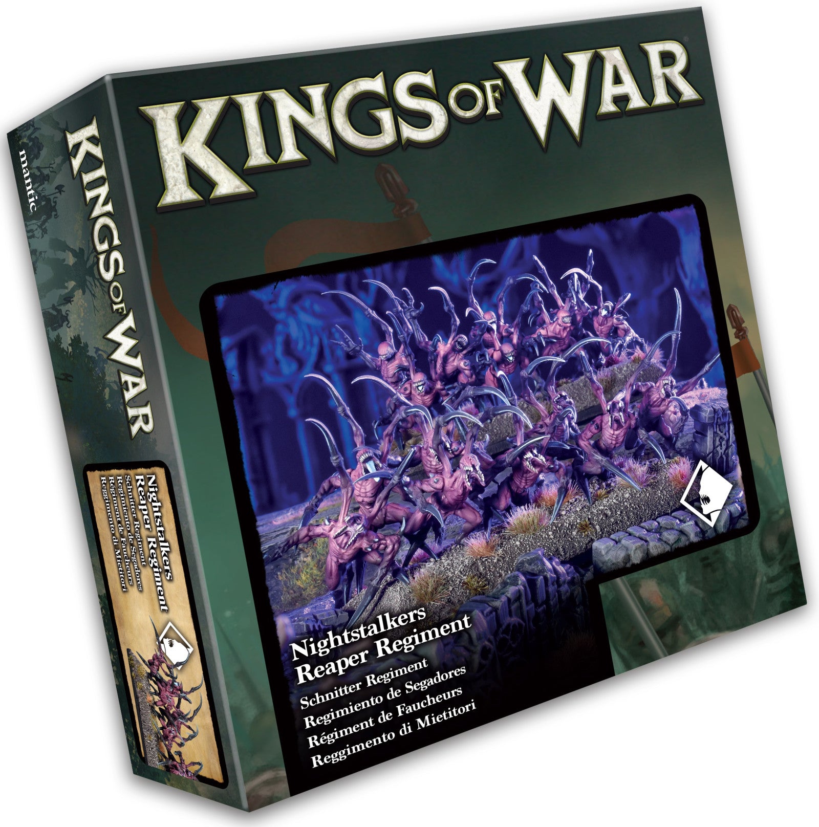 Kings of War Reaper Regiment miniatures box showing armored warriors wielding scythes and swords in battle formation