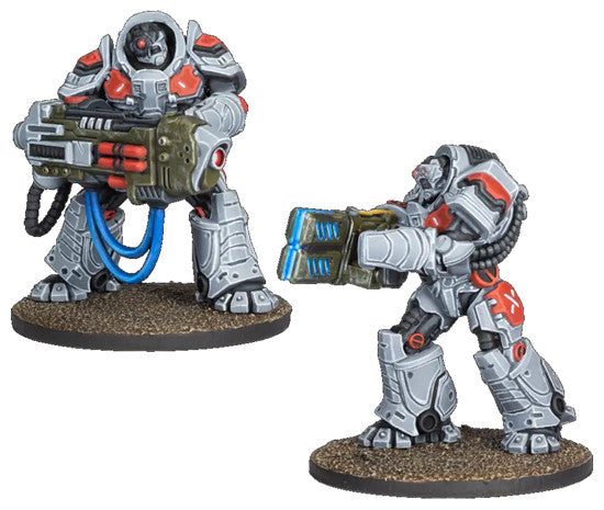 Firefight Novashock Peacekeepers miniatures, grey and red power armor, heavy weapons