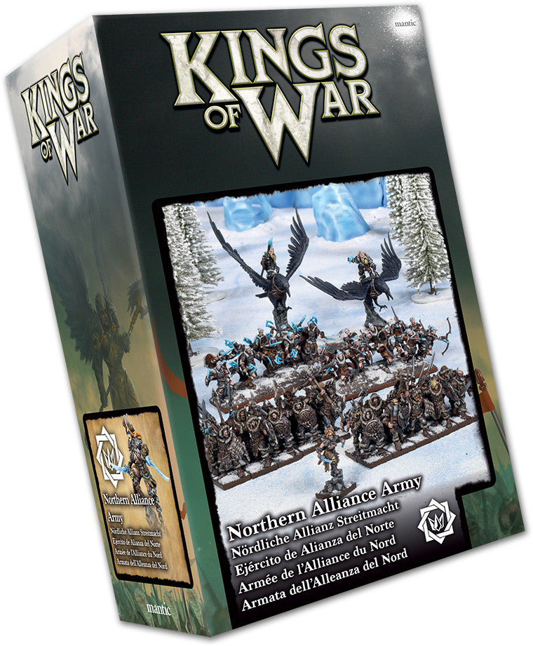 Kings of War Northern Alliance Army box featuring armored warriors ready for battle in a snowy landscape