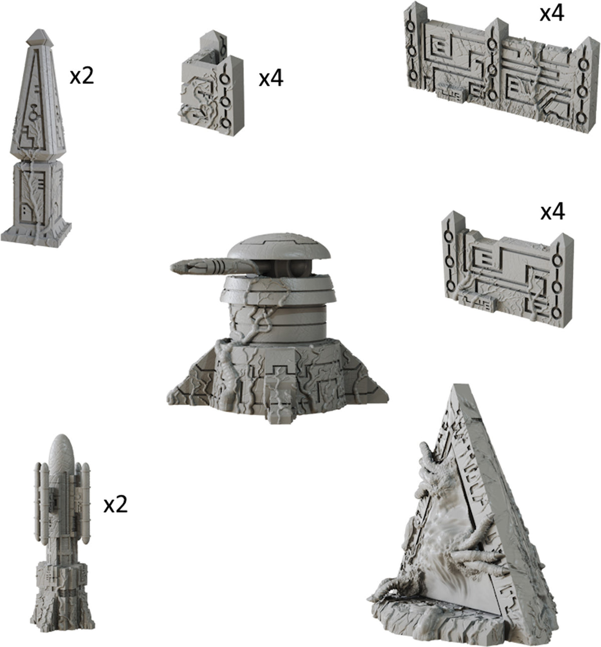 Terrain Crate Xenos Stronghold terrain pieces, including obelisk, fortifications, turret, and monolith