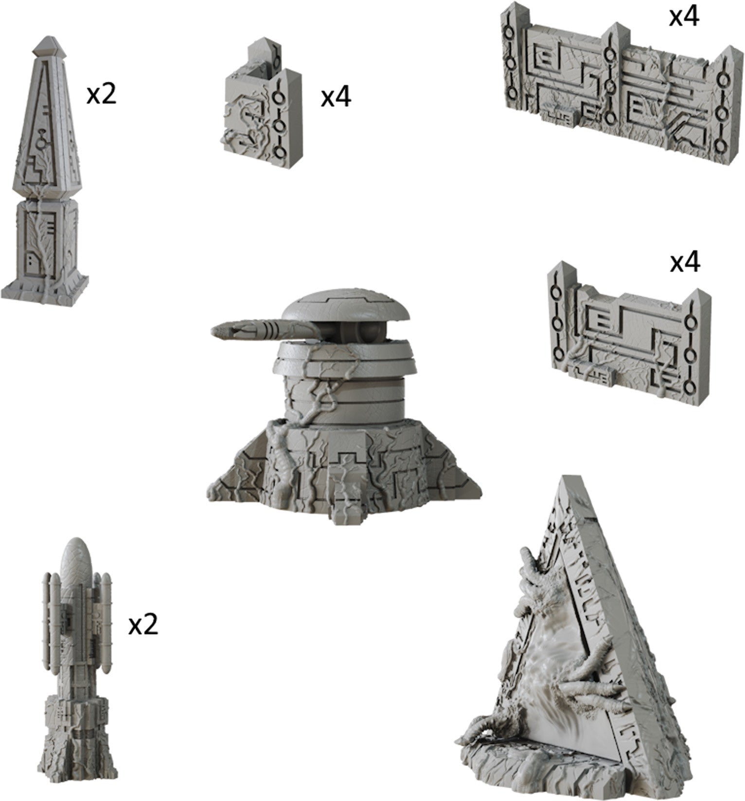 Terrain Crate Xenos Stronghold terrain pieces, including obelisk, fortifications, turret, and monolith