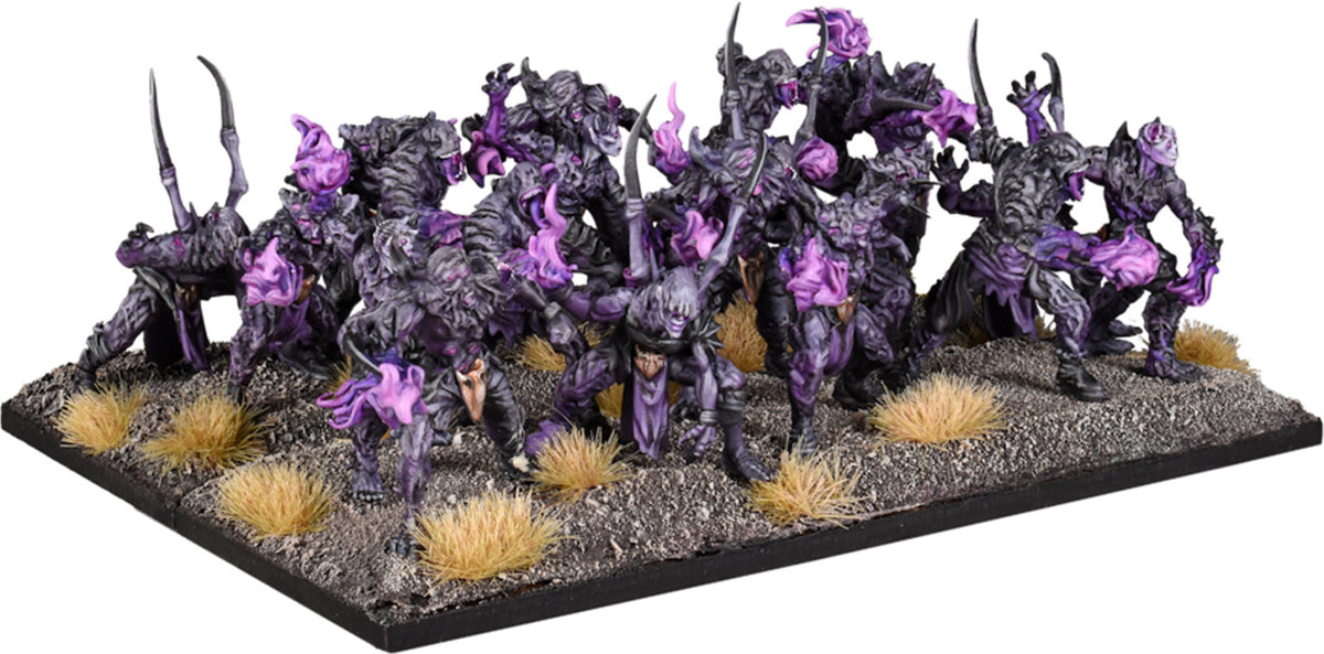Kings of War Voidtouched Regiment miniatures depicting dark, otherworldly soldiers with glowing weapons and armor