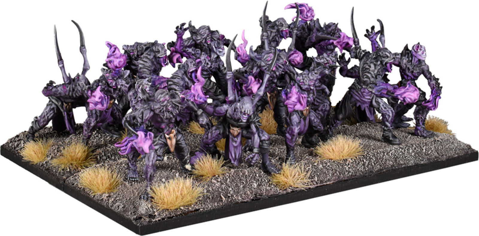 Kings of War Voidtouched Regiment miniatures depicting dark, otherworldly soldiers with glowing weapons and armor