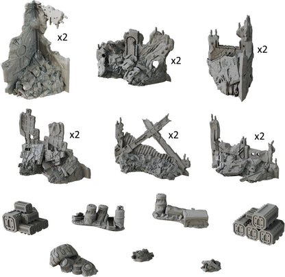 TerrainCrate Deadzone Ruins set featuring detailed post-apocalyptic ruined buildings and debris for tabletop gaming