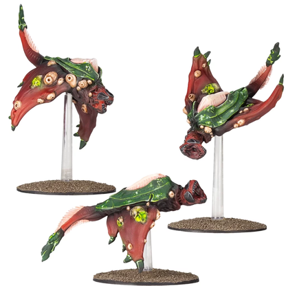 Three Deadzone - Nightmare Incursion Booster miniatures show grotesque red and green flying creatures with multiple eyes on clear stands