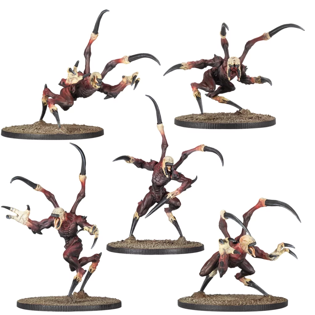 Five painted miniature figures from the Deadzone Nightmare Incursion Booster, each a reddish-brown multi-limbed creature with claws and a pale skull-like head, on a round base