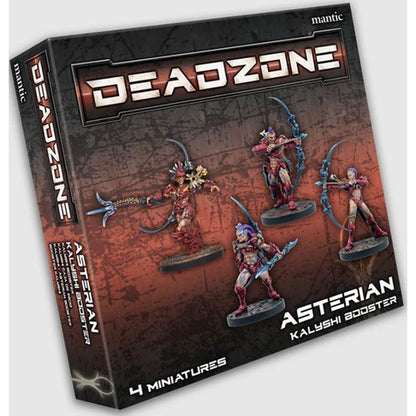 Mantic Games Deadzone Asterian Kalyshi Booster box displays 4 painted alien-like miniatures with bows and melee weapons