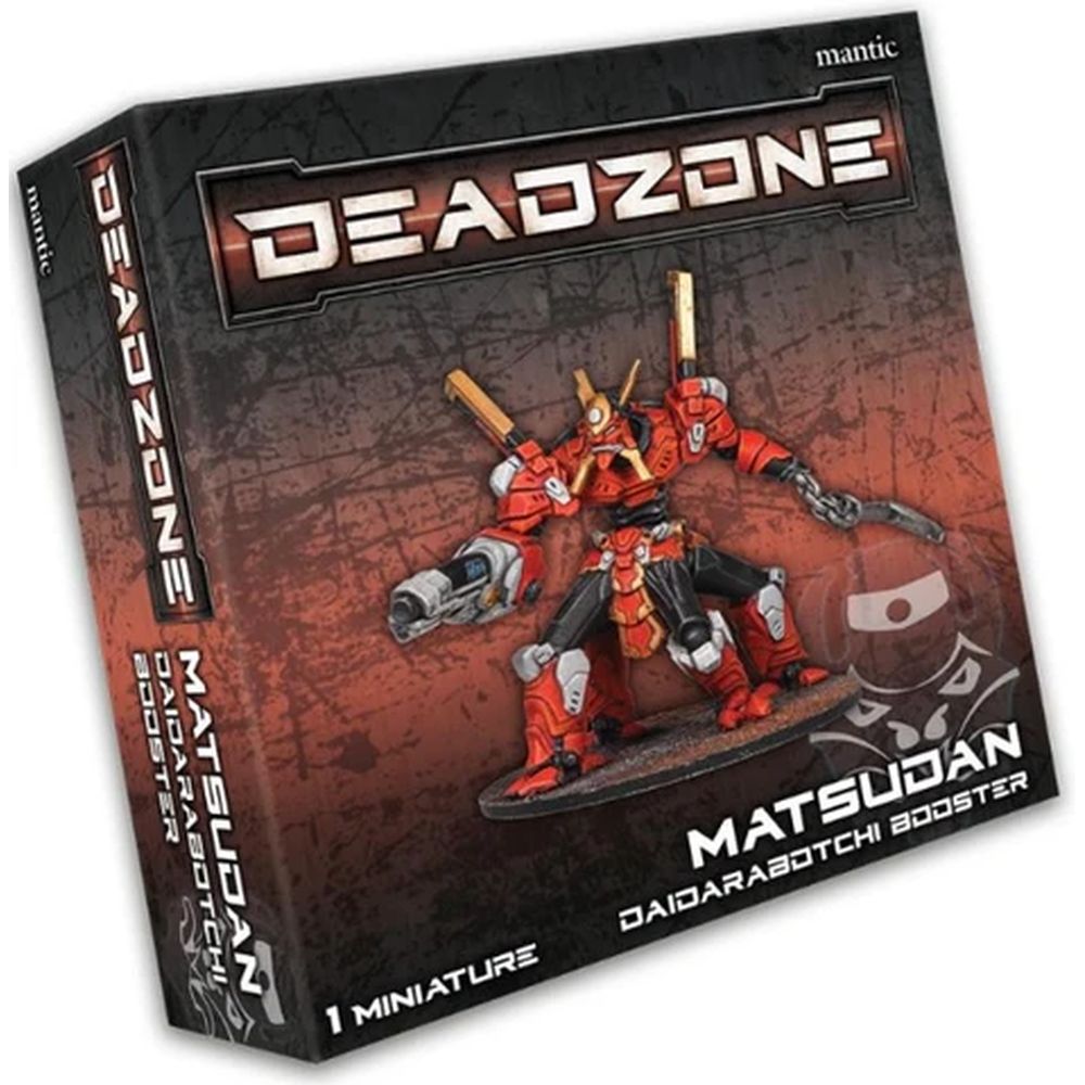 Deadzone Matsudan Daidarabotchi Booster box with a red and black mech miniature holding a gun and chained weapon