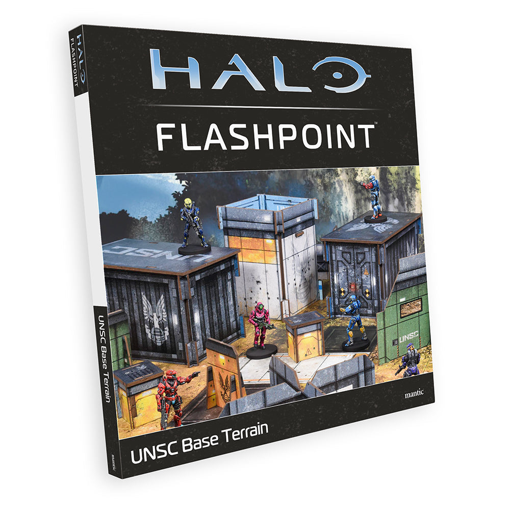 The Halo Flashpoint UNSC Base Terrain Set box displays miniature figures in action around modular structures