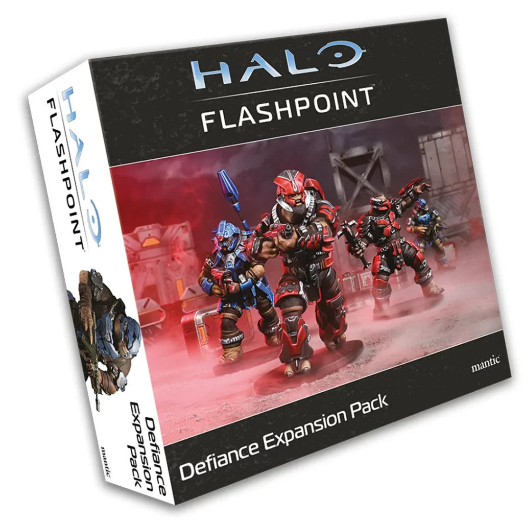 Packaging for the HALO Flashpoint Defiance Expansion Pack displays four detailed Brute miniatures, primarily red and blue, ready for combat against a dark background