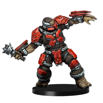 Painted HALO Flashpoint Jiralhanae miniature in heavy red armor, wielding a spiked club and reaching out, displayed on a round black stand