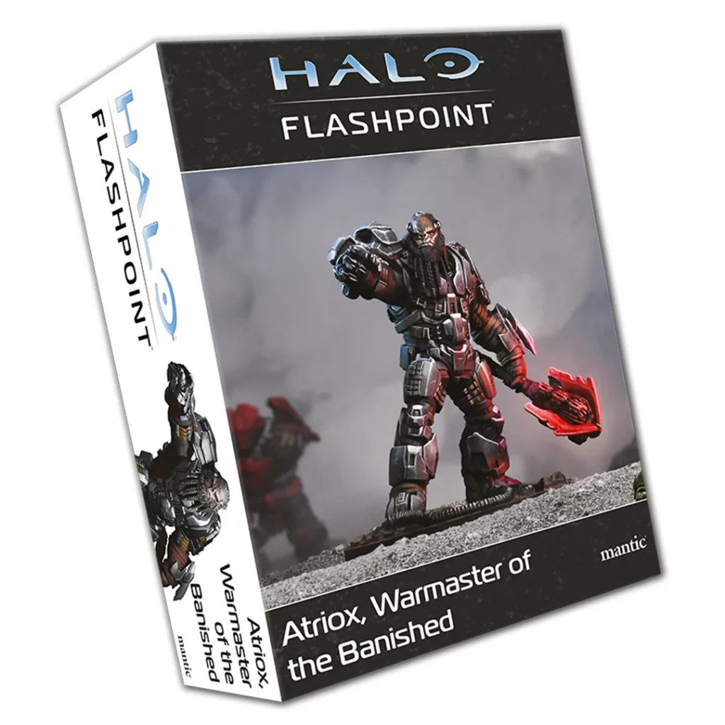 The HALO Flashpoint product box displays the Atriox Warmaster of the Banished figure, a large, dark armored brute wielding a red energy hammer