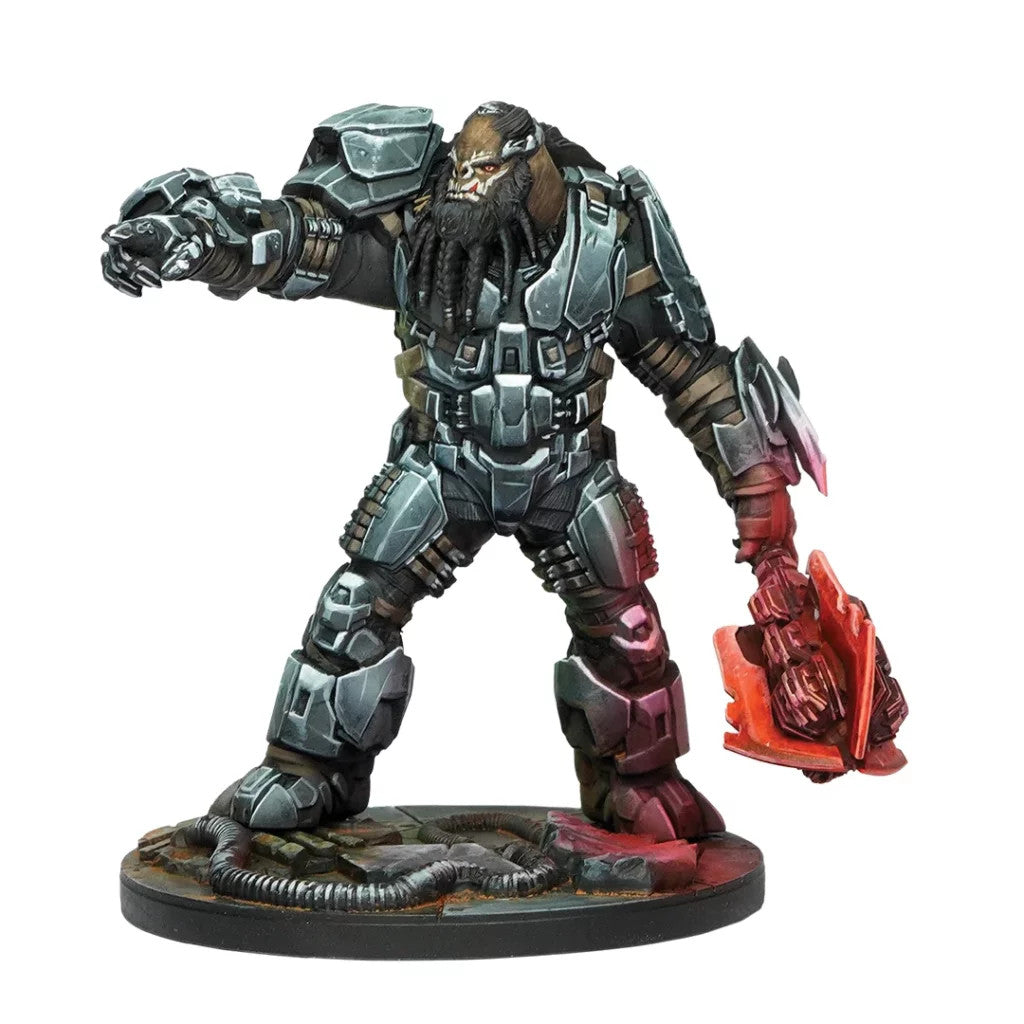 A detailed miniature of Atriox, the Banished leader, wearing silver power armor and wielding a glowing red gravity mace on a textured rubble base