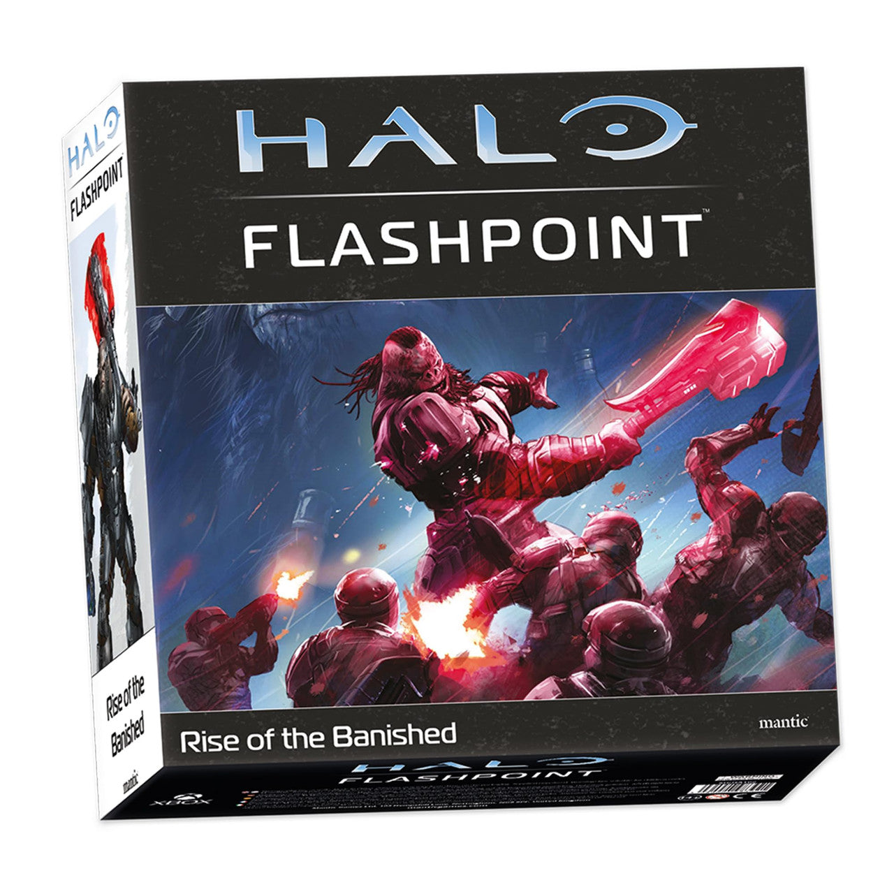 Packaging for the Halo Flashpoint Rise of the Banished miniatures game featuring intense artwork of a Brute wielding a glowing red gravity hammer attacking several armored figures