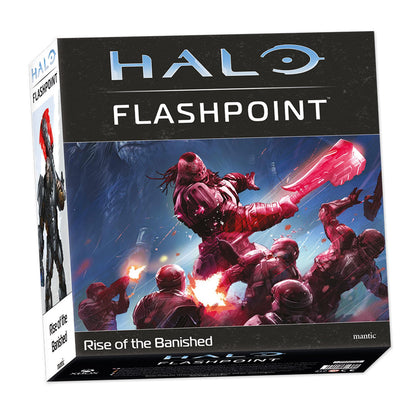 Packaging for the Halo Flashpoint Rise of the Banished miniatures game featuring intense artwork of a Brute wielding a glowing red gravity hammer attacking several armored figures
