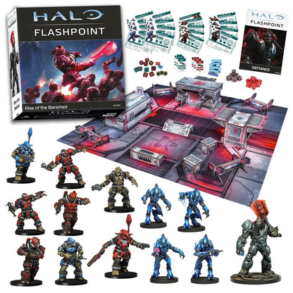 The HALO Flashpoint Rise of the Banished boxed set features a futuristic game board, modular terrain, cards, dice, and twelve detailed, painted combat miniatures