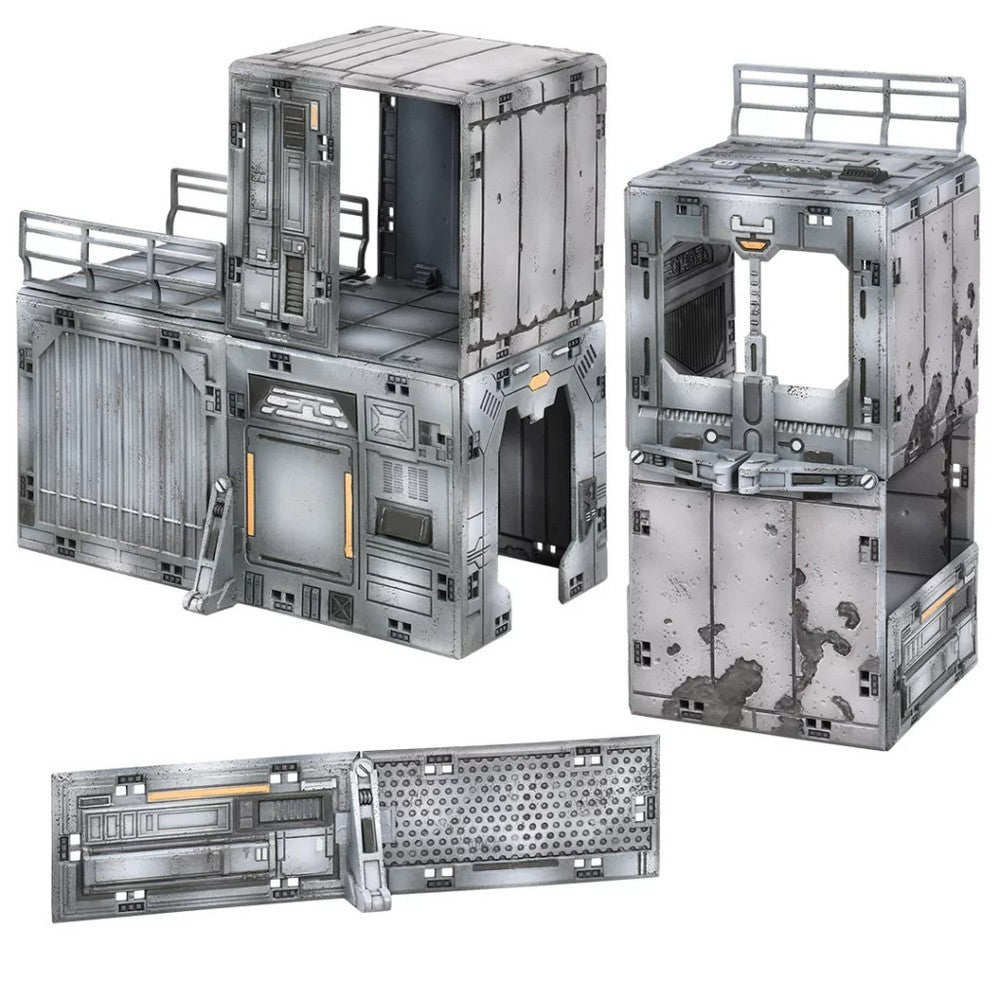 Weathered grey modular sci-fi terrain set: two multi-story buildings and a wall, for tabletop games