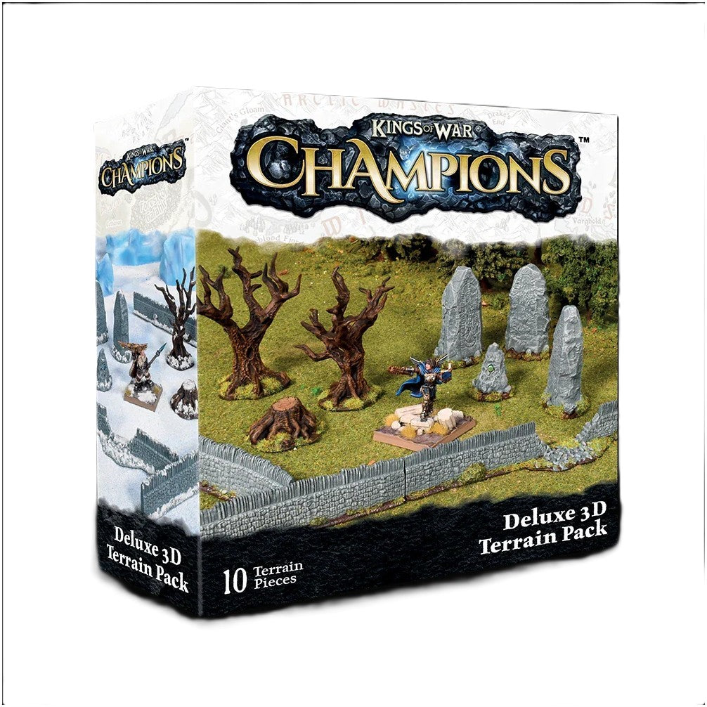 Kings of War: Champions Deluxe 3D Terrain Pack box, displaying miniature trees, stones, walls and a figure on grassy terrain
