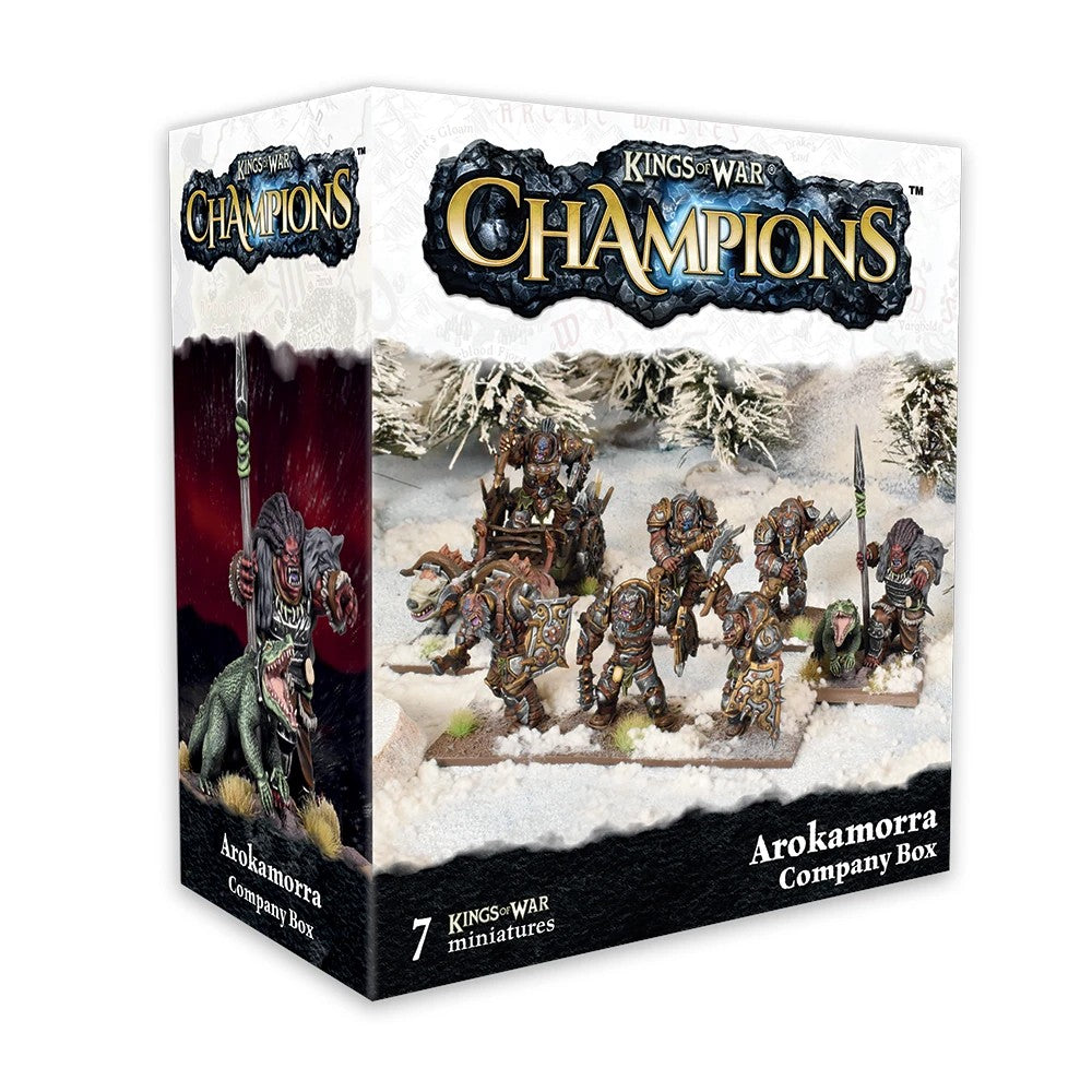 Kings of War Champions 'Arokamorra' box for tabletop miniatures. Features a warrior on a lizard and 7 armored fantasy miniatures on snow