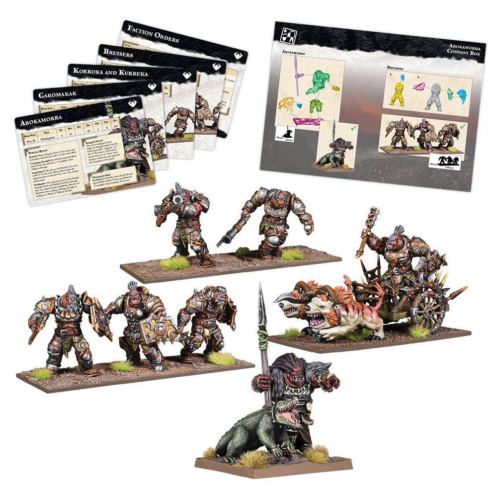 Tabletop wargame set: Painted fantasy miniatures including armored warriors, a beast-drawn chariot, a mounted rider, and game cards
