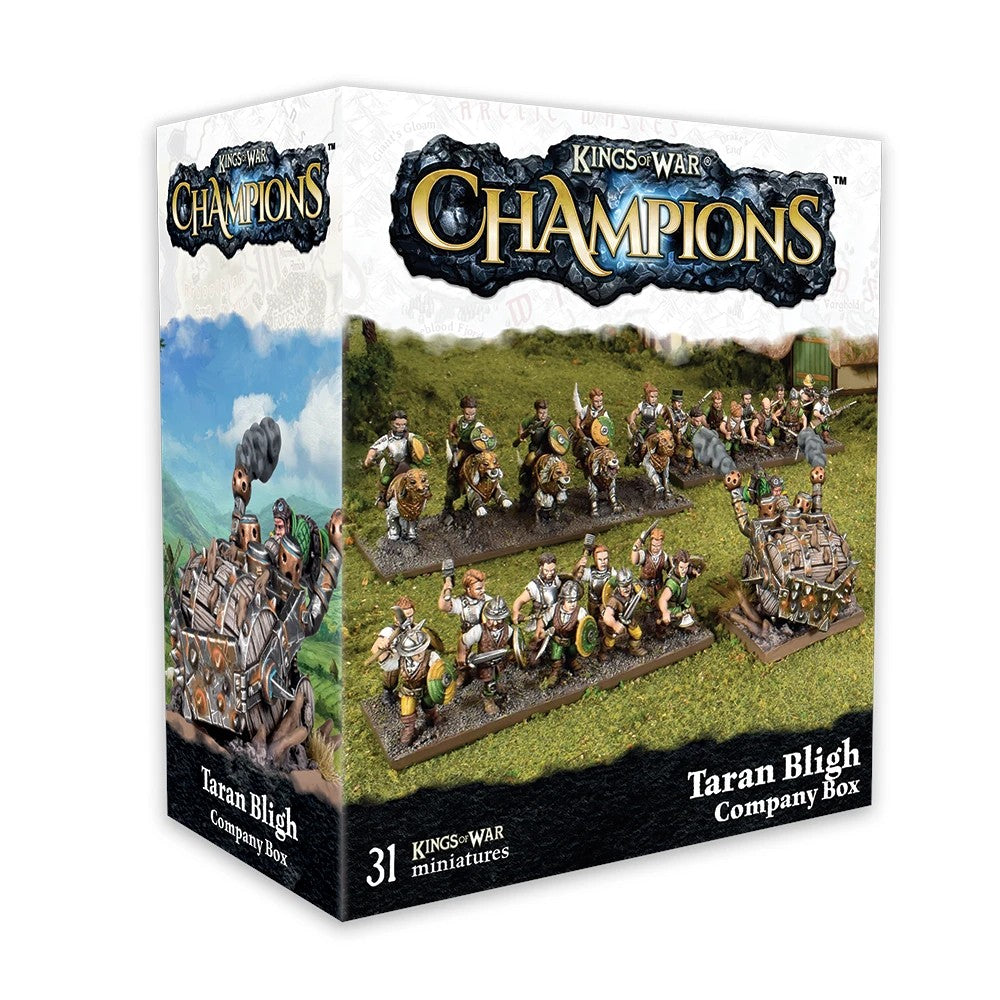 Kings of War Champions Taran Bligh Company Box. Displays 31 fantasy miniatures: foot soldiers, riders, and war machines on a grassy field