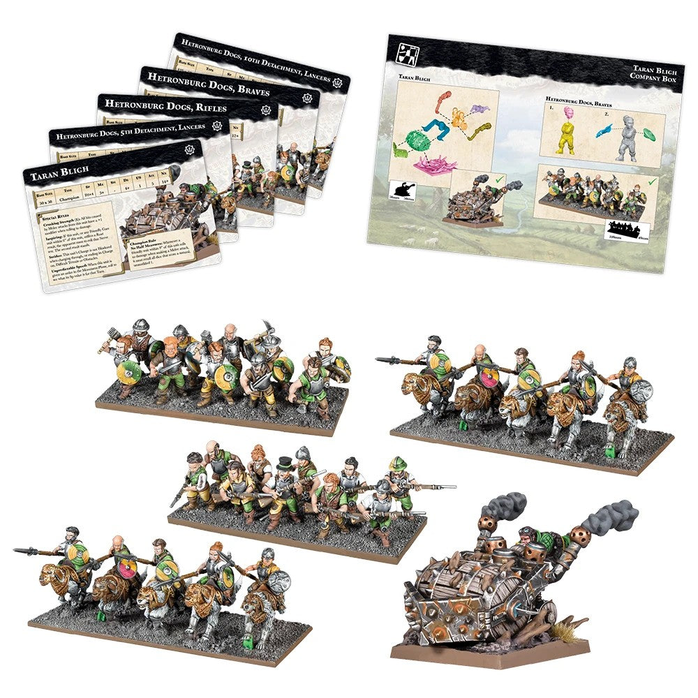 A collection of fantasy tabletop wargame miniatures: infantry, cavalry, a war machine, and game cards with instructions