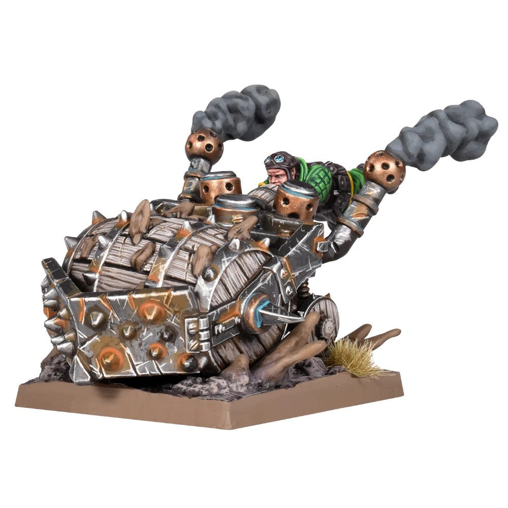 Painted miniature of a dwarf engineer piloting a spiky, steam-powered barrel vehicle emitting dark smoke