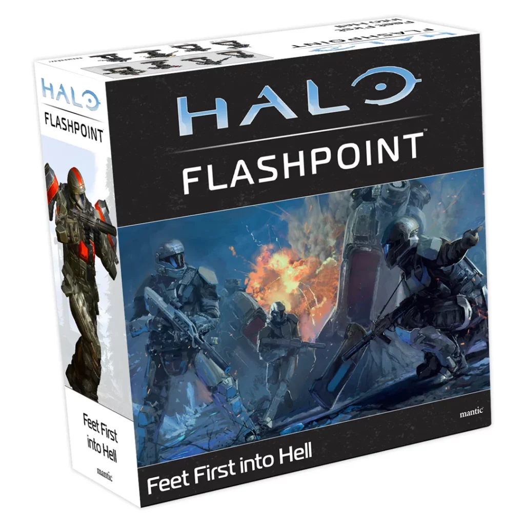 Halo Flashpoint Feet First into Hell game box shows futuristic ODST soldiers fighting on a war-torn planet surface against a backdrop of explosions