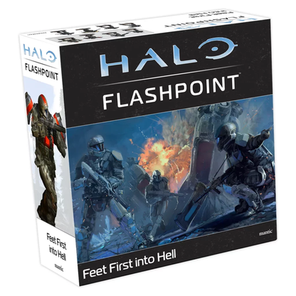 Halo Flashpoint Feet First into Hell game box shows futuristic ODST soldiers fighting on a war-torn planet surface against a backdrop of explosions