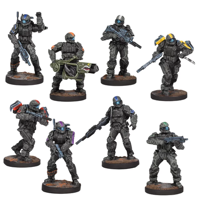 Eight dark gray Halo ODST miniatures are displayed, featuring different colored helmet stripes and holding various weaponry including a large shark-mouthed gun