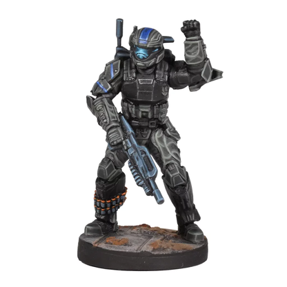 Detailed Halo ODST miniature figure in black armor with a blue visor holding a weapon and raising one fist