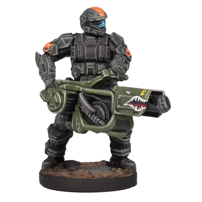 Dark gray Halo Flashpoint ODST figure standing on a base, wielding a massive green gun with prominent shark mouth art