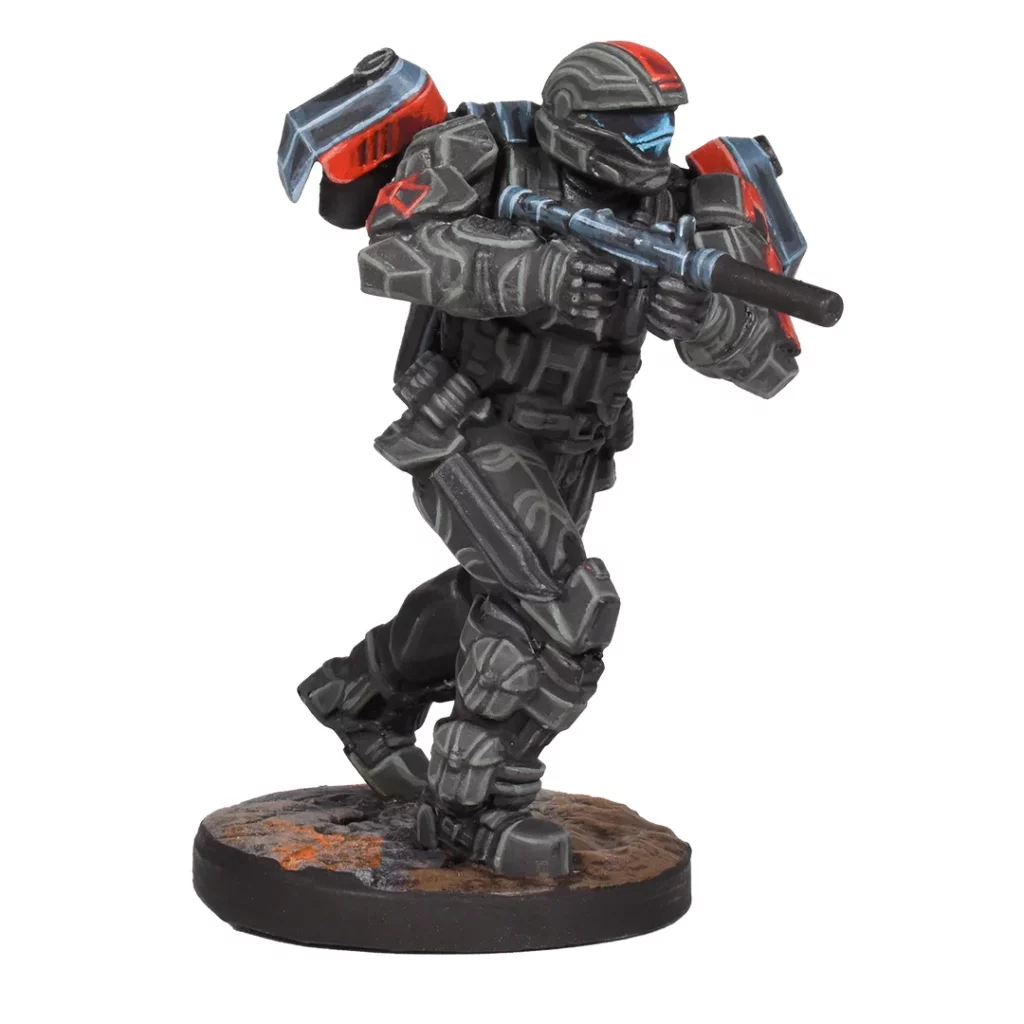 This HALO ODST miniature figure displays a dark armored trooper with a blue visor and red details advancing rapidly while aiming a rifle
