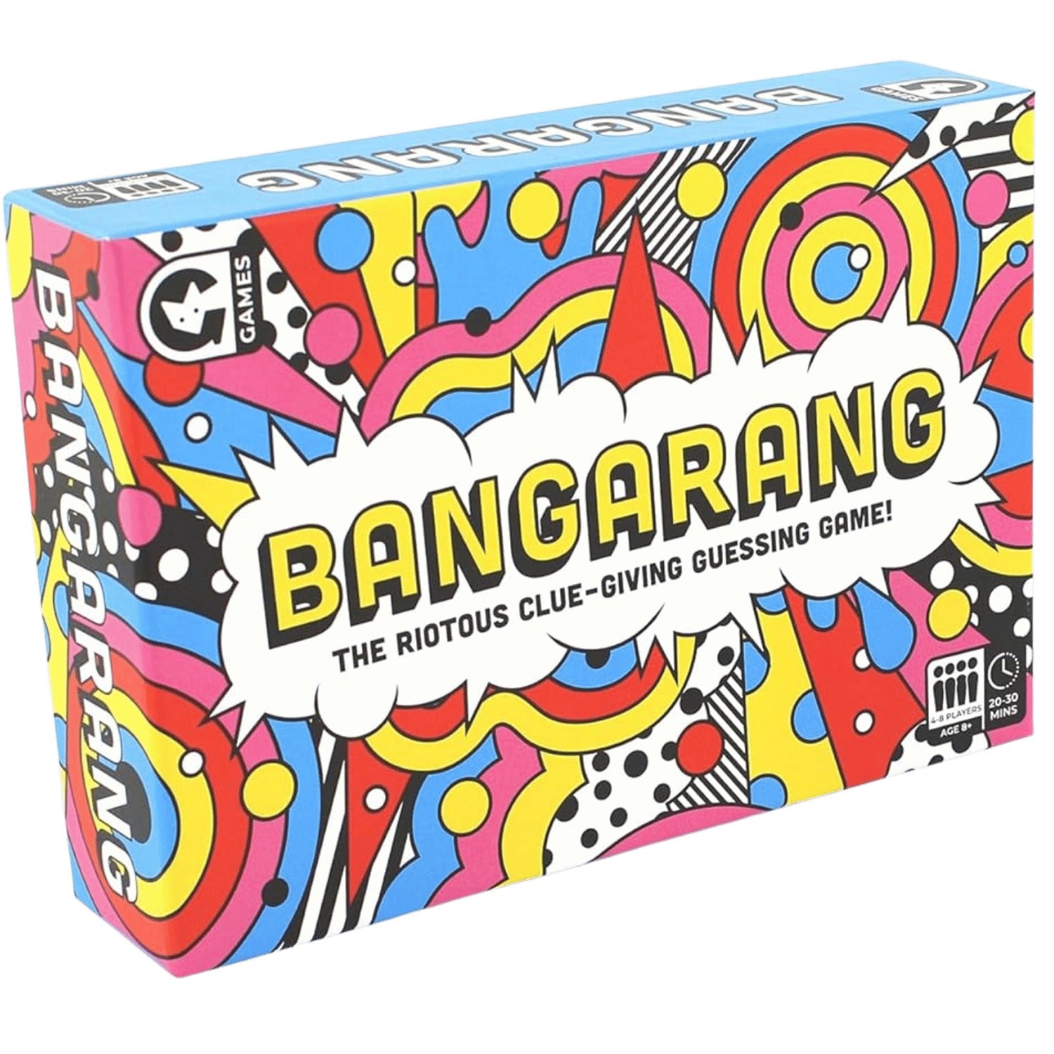 A colorful Bangarang game box featuring pop art style graphics with speech bubbles, swirls, dots, and stripes