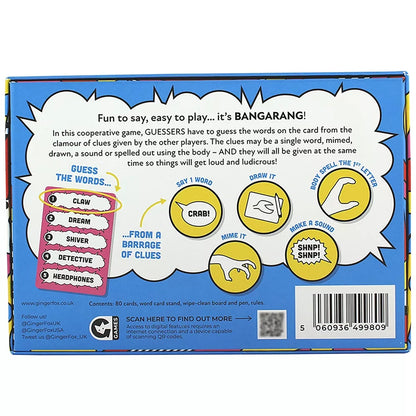 The back of the Bangarang game box explains cooperative gameplay with examples of word cards and clue types like drawing, miming, and making sounds