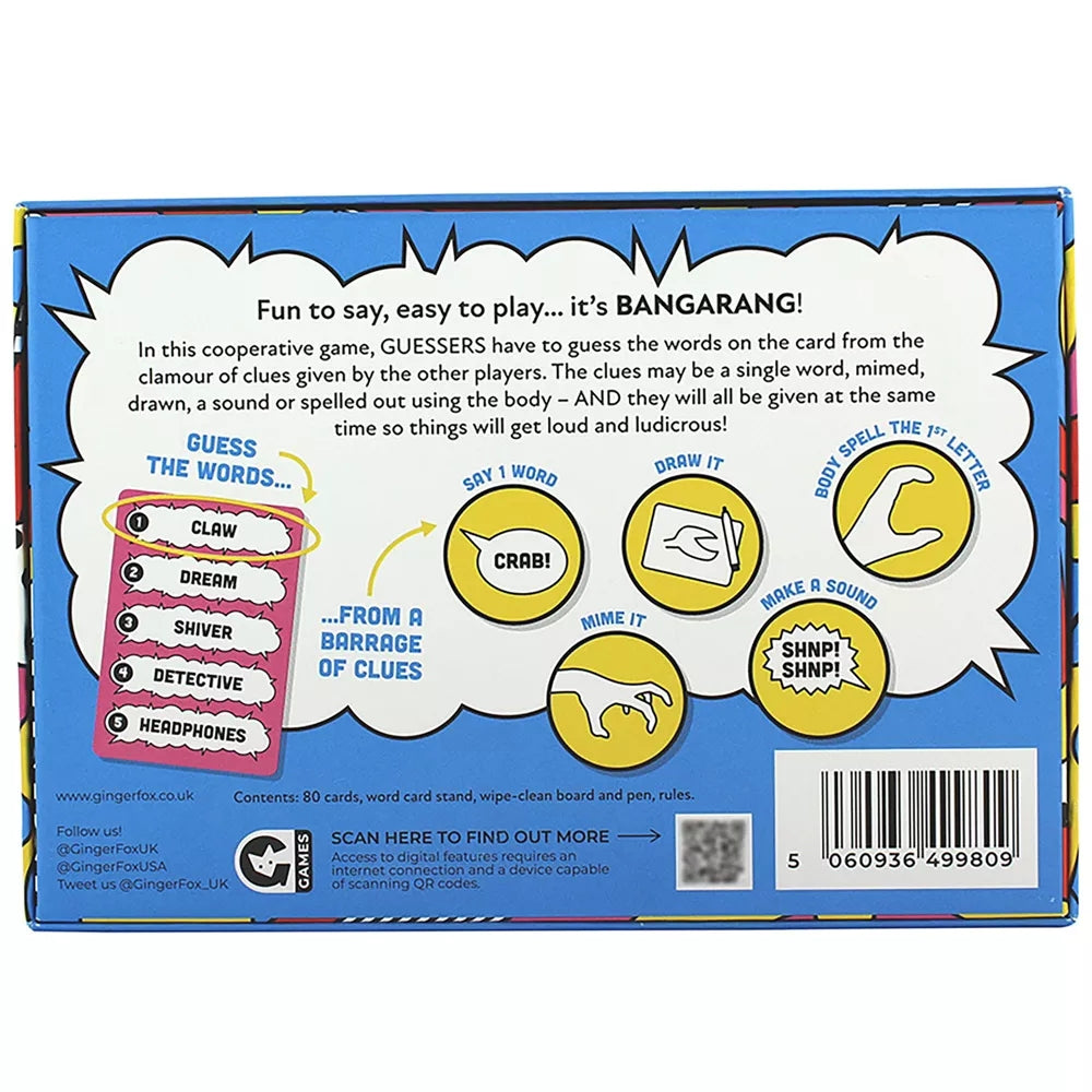 The back of the Bangarang game box explains cooperative gameplay with examples of word cards and clue types like drawing, miming, and making sounds