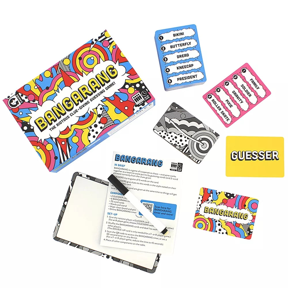 Bangarang game components spread out including the colorful box, instruction sheet, blue and pink word cards, black and white patterned cards, a GUESSER card, and a whiteboard with a pen