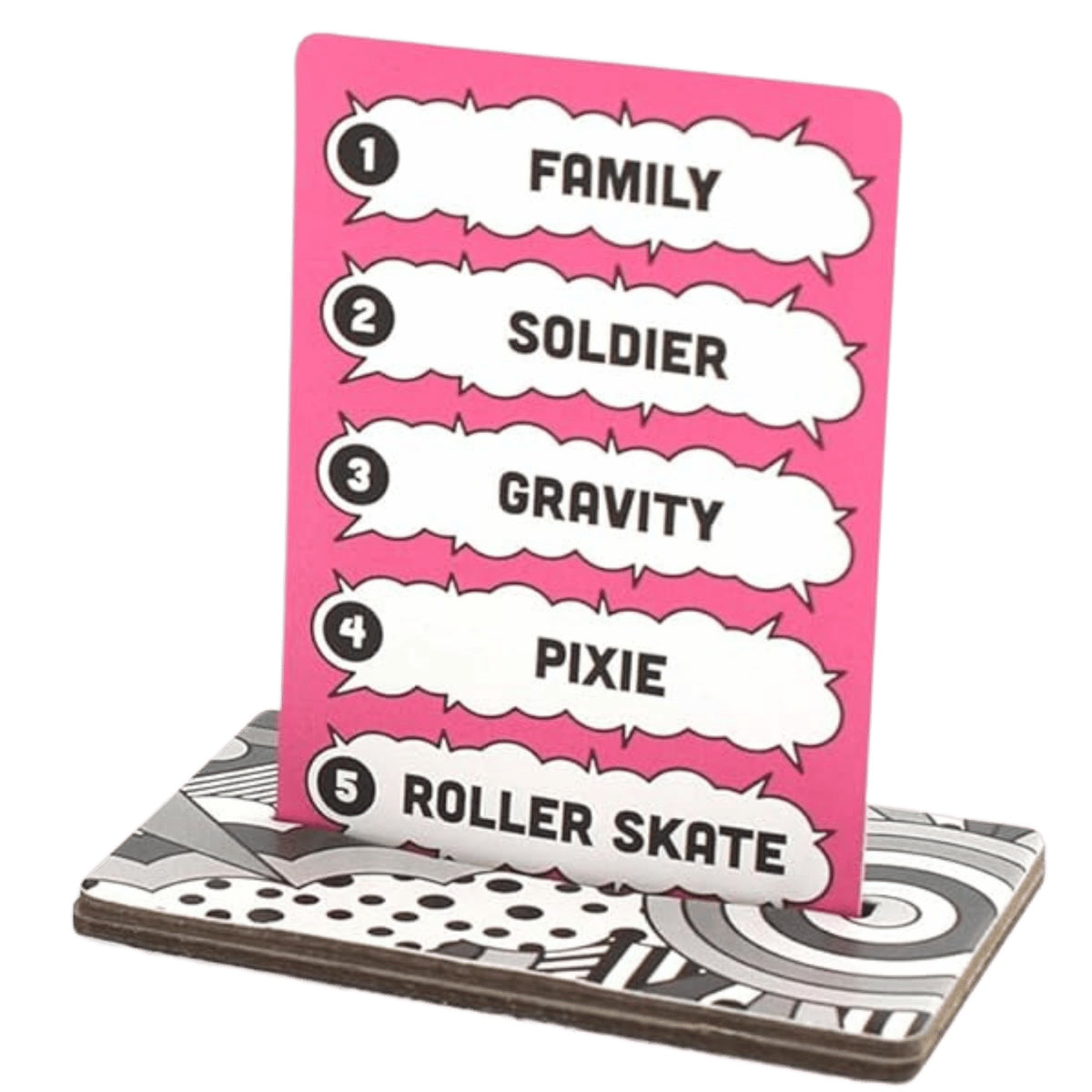A pink card with five numbered words in speech bubbles stands upright in a patterned white, black, and gray base