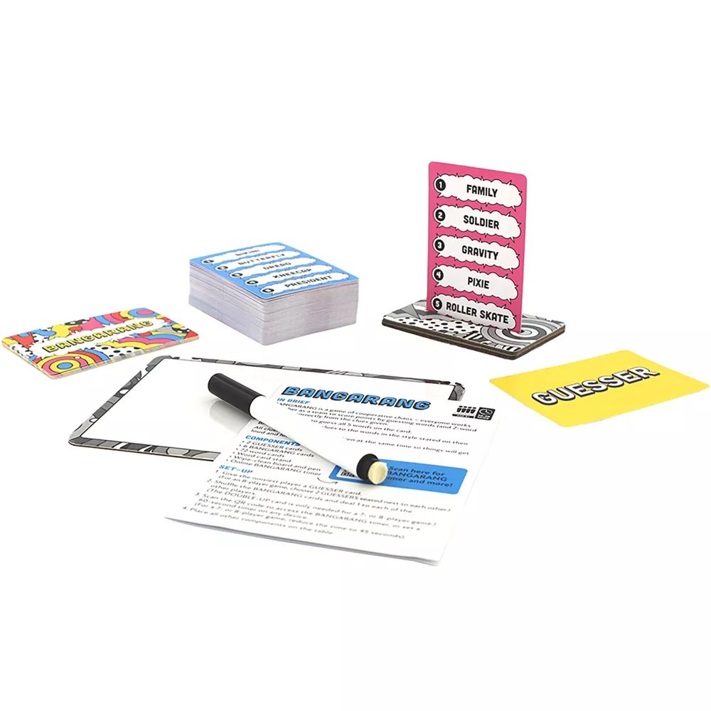 Bangarang game components laid out, showing blue word cards, a pink vertical card stand, a white instruction sheet with a marker, and a yellow GUESSER card